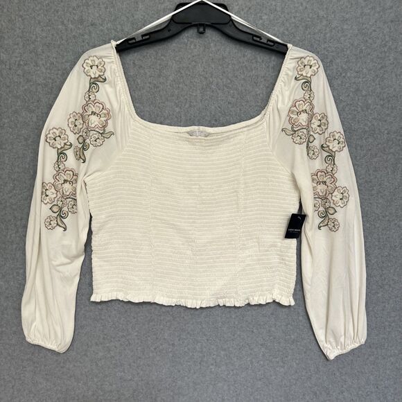 Lucky Brand Crop Top XL Ivory Floral Embroidery Ruched Balloon Sleeve Peasant - Picture 1 of 13